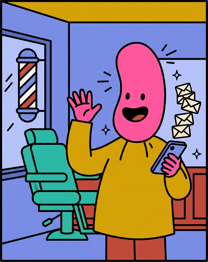 Illustration of a cheerful barber waving in a shop beside a barber pole, holding a phone as emails drift in