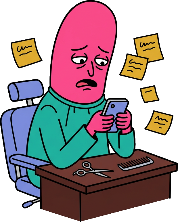 Illustration of a worn-out barber slumped at a desk, scrolling a phone beside scissors and sticky notes