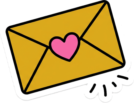 Sticker of a mustard envelope sealed with a pink heart