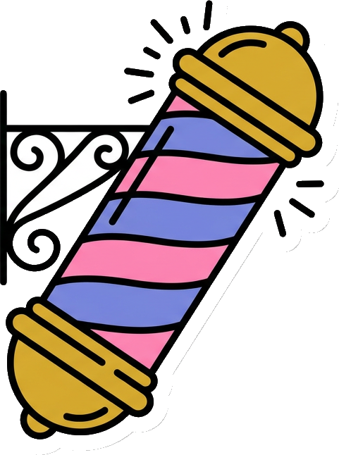 Sticker of a striped barber pole on an iron bracket