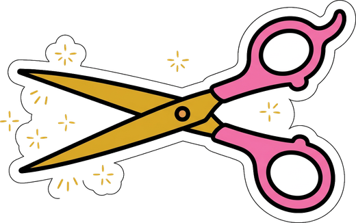 Sticker of open hairdressing scissors with pink handles